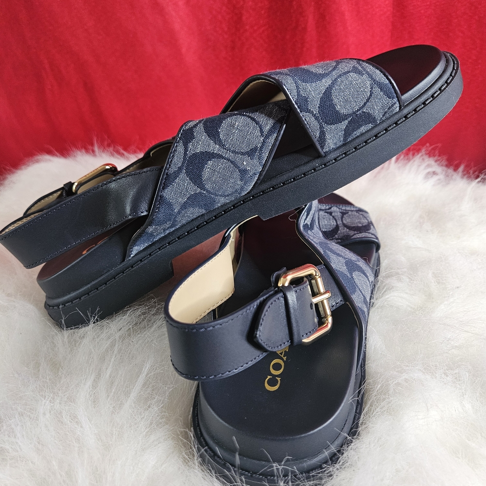 NWOT Coach Fraser Chambray Signature Jacquard Sandal Navy Size 10